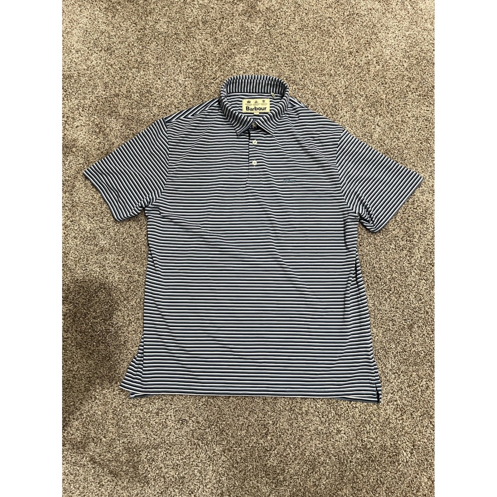 Barbour Mens XL Polo Shirt Short Sleeve Striped Blue White Portugal